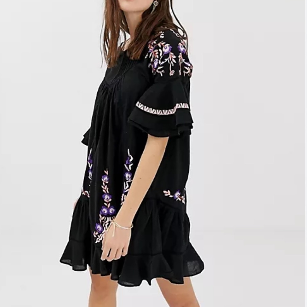 Free People | Pavlo Dress | Small | Embroidered Tunic | Blk Purple Orange | $52